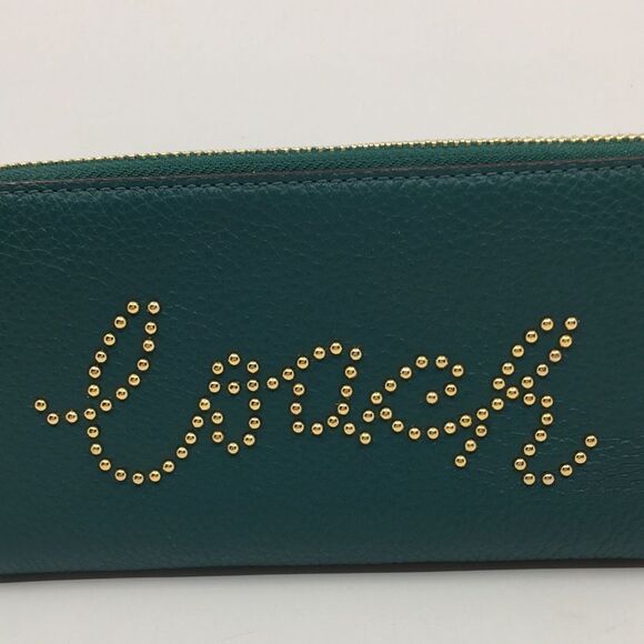 Coach Viridian Green Gold Studded Script Zip Around Wallet Accordion Zip Wallet - Picture 2 of 16